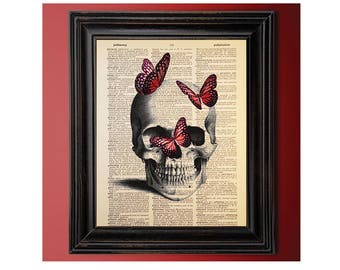 Vintage Skull Illustration with Red Butterflies, Dictionary Art Print, Book Page Art, Recycled, Upcycled, Halloween Decor, Geek Gift