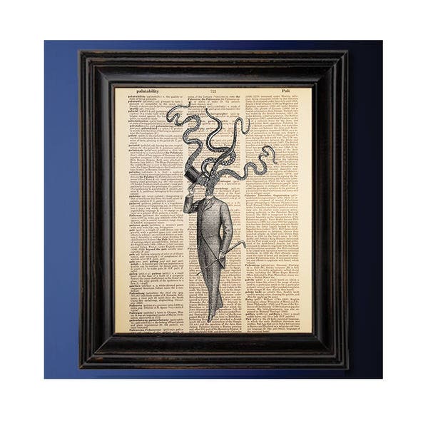 Vintage Cthulhu Gentleman, Dictionary Print, Book Art Print, Recycled, Upcycled, Vintage Dictionary Book Page, Goth Decor, Geeky Gift
