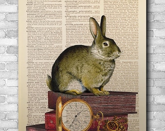 Woodland Bunny, with Storybooks and a Pocket Watch, Clock Rabbit Art, Bunny Art, Woodland Rabbit, Nursery Decor, Dictionary Art, Unique Gift