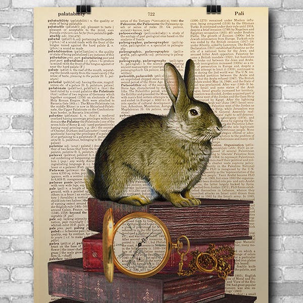 Woodland Bunny, with Storybooks and a Pocket Watch, Clock Rabbit Art, Bunny Art, Woodland Rabbit, Nursery Decor, Dictionary Art, Unique Gift