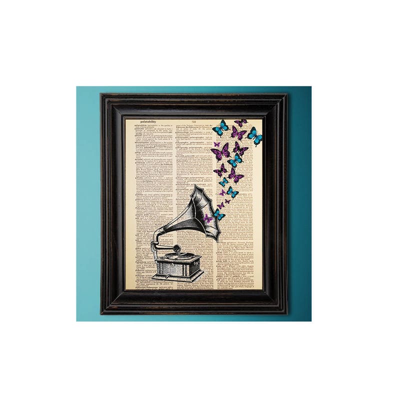 Purple and Blue Butterflies, Gramophone, Phonograph, Dictionary Art Print, Printed on Vintage Dictionary Paper, Upcycled, 8x10 Print 148 image 1