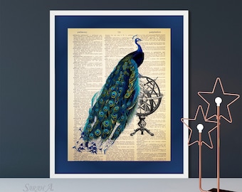 Peacock on a Armillary Sphere, Dictionary Art Print, Vintage, Antique, Upcycled, Book Page, Book Page, Unique Gift, Vintage Decor