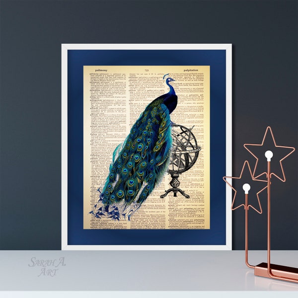 Peacock on a Armillary Sphere, Dictionary Art Print, Vintage, Antique, Upcycled, Book Page, Book Page, Unique Gift, Vintage Decor