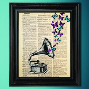 Purple and Blue Butterflies, Gramophone, Phonograph, Dictionary Art Print, Printed on Vintage Dictionary Paper, Upcycled, 8x10 Print 148 image 5