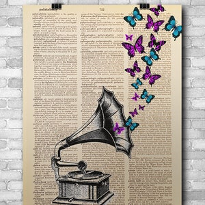 Purple and Blue Butterflies, Gramophone, Phonograph, Dictionary Art Print, Printed on Vintage Dictionary Paper, Upcycled, 8x10 Print 148 image 2