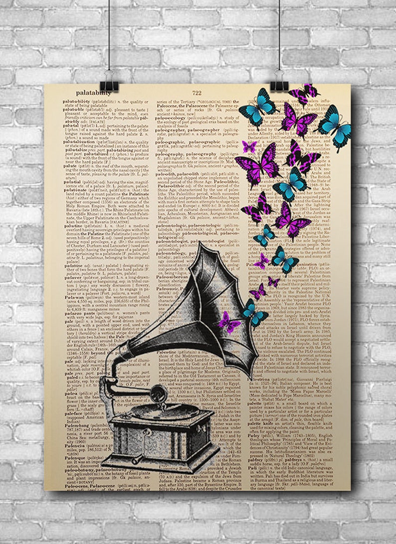 Purple and Blue Butterflies, Gramophone, Phonograph, Dictionary Art Print, Printed on Vintage Dictionary Paper, Upcycled, 8x10 Print 148 image 2
