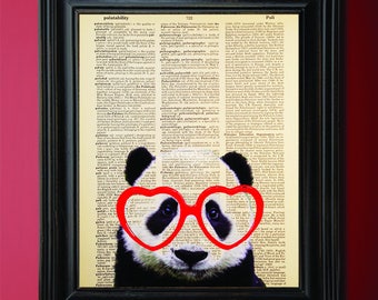 Panda, Geeky Heart shaped Glasses, cute panda, nerdy art, book print, upcycled, book art, dictionary art, page, Art print, Geek Gift