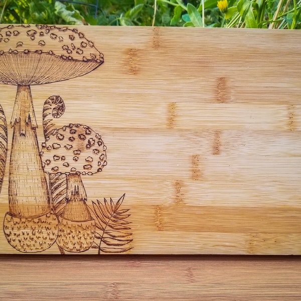 Wood Burned Bamboo Charcuterie Board, Upcycled Hand Burned Pyrography Art, Mushroom & Ferns Décor, Decorative Cutting Board, Serving Tray