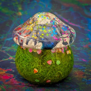 May include: A whimsical mushroom-shaped decorative jar. The mushroom cap is clear with colorful star-shaped glitter and a dark blue and white interior. The base is green with a moss-like texture and fruit slice embellishments. A unique, eye-catching decorative item.