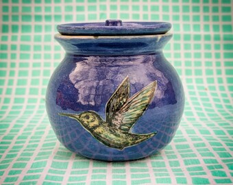 Hummingbird Jar, Ceramic Container with Lid, Bird Décor, Mom Gift, Blue Green Canister, Forestcore Office Accessories