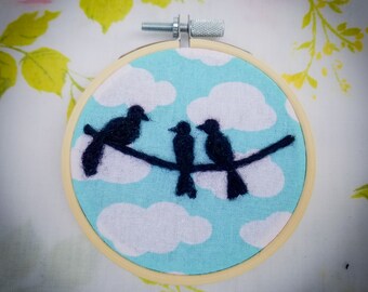 Needle Felted Crows, Embroidery Hoop Felt, Fiber Art, Wool Painting, 3 Little Birds, Gift for Mom, Cloudy Sky Scene, Ravens on Wire