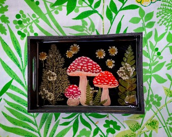 Hand Painted Red Amanita Mushroom Tray, Tarot Card Crystal Dish, Coffee Table Rolling Plate, Real Pressed Flower Floral Wedding Gift