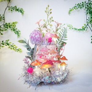 Illuminated Magical Mushroom Land, Pink Fairy Garden Lamp, Light Up Hot Glue Mushrooms, Unique Gift for Teens, Whimsical Accent Lighting