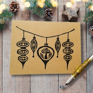 Retro Ornament Greeting Card, Block Printed Mushroom Note Card, Mid-Mod Christmas Ornaments Stationary, Blank Holiday Cards Set, Yuletide