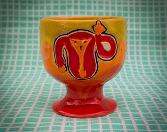 Ceramic Angry Uterus Chalice, Handmade Red Orange Yellow Pottery Goblet Cup, Feminist Rage Ritual Dish, Stoneware Kitchenware