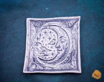 Ceramic Moon Ring Dish, Celestial Décor, Boho Decorative Accessory, Purple Pottery Tray, Tea Bag Rest, Mom Wife Grandma Birthday Gift