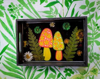 Hand Painted Orange Mushroom Tray, Tarot Card Crystal Dish, Coffee Table Rolling Plate, Real Yellow Green Pressed Flower Floral Wedding Gift