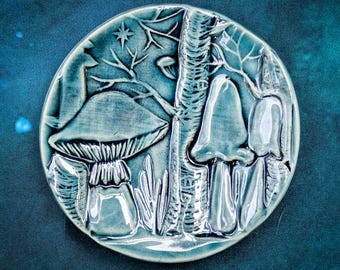 Ceramic Mushroom Ring Dish, Tea Bag Rest, Aspen Forest Décor, Boho Decorative Accessory, Teal Pottery Tray, Mom Wife Grandma Birthday Gift