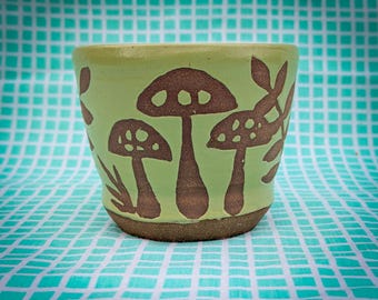 Mushrooms & Leaves Plant Pot, Ceramic Cup, Clay Décor Dishes, Decorative Accessory, Green Brown Pottery Bowls, Mom Wife Birthday Gift