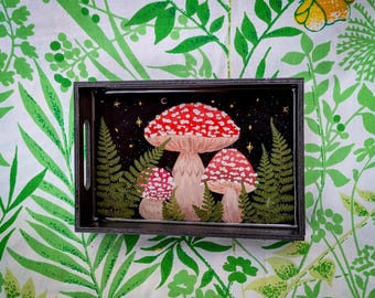 Hand Painted Red Amanita Mushroom Tray, Tarot Card Crystal Dish, Coffee Table Rolling Plate, Real Pressed Flower Floral Wedding Gift