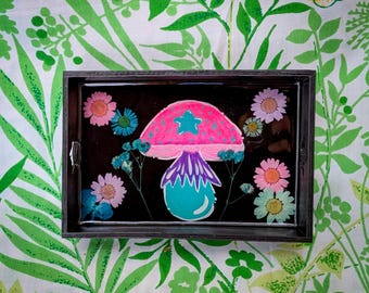 Hand Painted Pink Mushroom Tray, Teal Tarot Card Crystal Dish, Coffee Table Rolling Plate, Real Purple Pressed Flower Floral Wedding Gift
