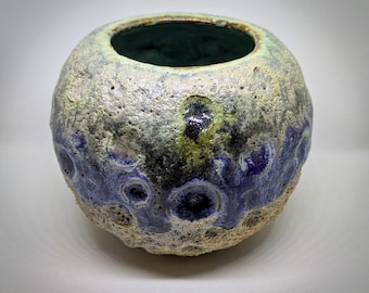Drippy Moon Crater Vase, Lunar Clay Décor Dishes, Decorative Accessory, Blue Green Beige Textured Pottery Planter, Mom Wife Birthday Gift