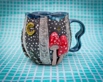 Ceramic Mushroom Forest Mug, Handmade Aspen Pine Pottery Cup, Snowy Night Coffee Tea Dish, Stoneware Kitchenware