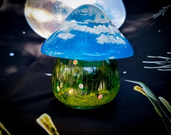 Mushroom Jar, Cloud Container, Flower Power & Moss Décor, Mushroomcore, Gift for Teen, Blue + Green Box, Cottagecore Bedroom Accessories