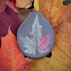 May include: A smooth, rounded, gray stone featuring a detailed, light-colored leaf print on its surface. The leaf design displays a gradient of soft green and pink tones, highlighting the intricate veins and jagged edges of the foliage.