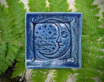 Ceramic Moon Ring Dish, Celestial Décor, Boho Decorative Accessory, Blue Pottery Tray, Tea Bag Rest, Mom Wife Grandma Birthday Gift