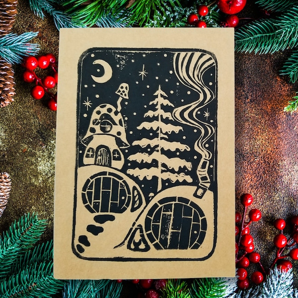 Hobbit House Greeting Card, Block Printed Mushroom Note Card, Christmas Scene Stationary, Blank Inside Holiday Card, Yuletide, Cottagecore