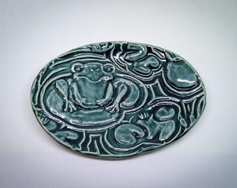 Ceramic Lily Pad Ring Dish, Tea Bag Rest, Frog Pond Décor, Boho Decorative Accessory, Teal Pottery Tray, Mom Wife Grandma Birthday Gift