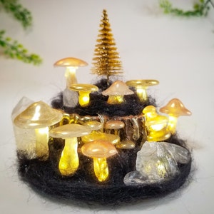 Black & Gold Fairy Garden Lamp, Illuminated Magical Mushroom Land, Light Up Hot Glue Mushrooms, Unique Gift for Teens, Goth Accent Lighting