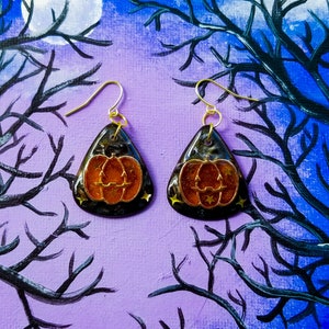 Orange Pumpkin Halloween Earrings, Black & Orange Halloween Jewelry, Guitar Pick Jewelry, Pumpkin Resin Earrings, Jack-o-Lantern Earrings