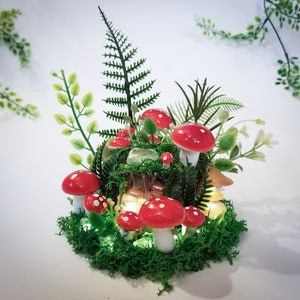 Illuminated Magical Mushroom Land, Red Fairy Garden Lamp, Light Up Hot Glue Mushrooms, Unique Gift for Teens, Whimsical Accent Lighting