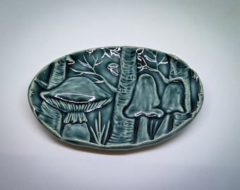 Ceramic Mushroom Ring Dish, Tea Bag Rest, Aspen Forest Décor, Boho Decorative Accessory, Teal Pottery Tray, Mom Wife Grandma Birthday Gift