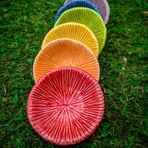 May include: A set of seven colorful ceramic dishes in a rainbow pattern. The dishes are shaped like mushrooms and are arranged in a line from purple to red.