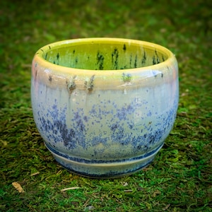 May include: A handcrafted ceramic planter with a wide, rounded shape. The interior is a vibrant yellow-green, transitioning to a light blue and white exterior with speckled blue accents. The planter sits on a bed of green moss.