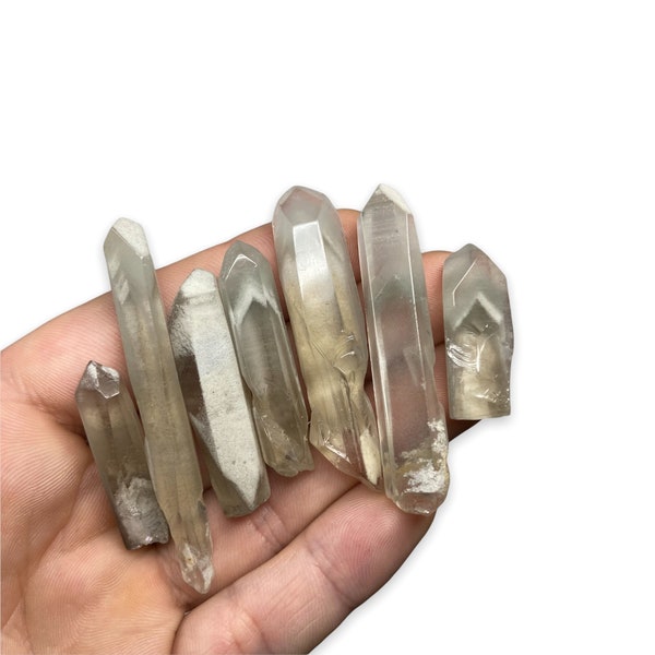 Shamans Dream Quartz Smokey Phantom Angel Lemurian Quartz with White Kaolinite, Green Chlorite Inclusions Vibro Tumbled, Set of 20 Crystals