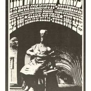 May include: A black and white poster advertising "The Invisible Circus", a 72-hour community event presented by the Artist Liberation Front, Diggers, and Glide Foundation. The event will take place at the Glide Church from February 24th to February 26th, with Taylor & Ellis performing on February 24th at 8pm. The poster features a stylized image of a person sitting on a chair in a tunnel.