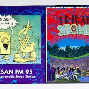 May include: Two vibrant posters. The left poster features a cartoon radio character and a man in a suit, with the text "FREE! LIVE! ROCK AND ROLL!!" and "KSAN FM 95". The right poster says "TRIBAL STOMP".