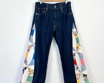 The Misha Levi's Barrel Bell Jeans with Vintage Quilt Panels, Size 6/8