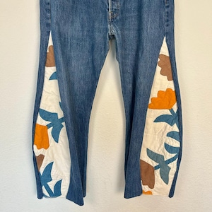 The Erin (size 12/14) Levi’s Barrel Jeans with Vintage Fabric Panels, approx. woman’s size 12/14