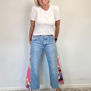 The Ashley (size 6/8) Wrangler Crop Wide Leg Jeans with Vintage Quilt Panels