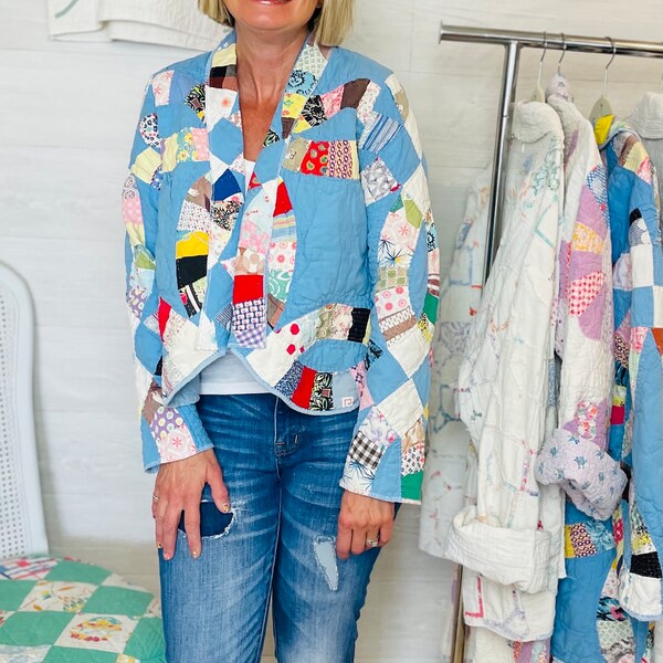 Anillo de Bodas Azul Vintage Quilt Abrigo Corto (XS/S/M)