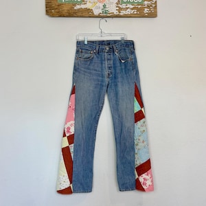 The Frisco ( size 6/8 ) Levi&#39;s 501 Flare Jeans with Vintage Quilt Panels