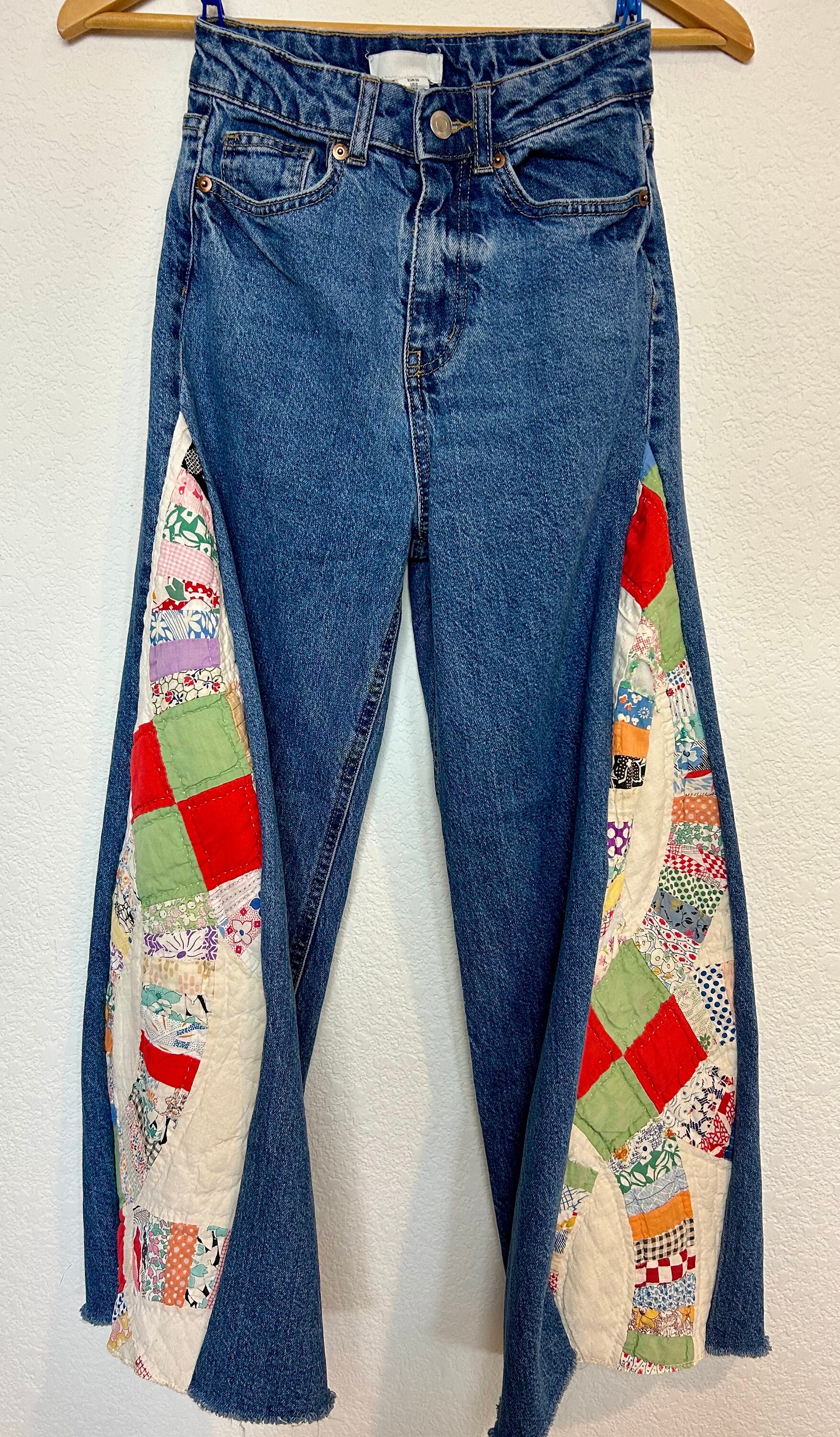 The Rosie (size 0/25) Barrel Leg Jeans With Vintage Quilt
