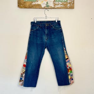 The Penny (size 8/10) Wrangler Crop Flare Jeans with Vintage Quilt Panels