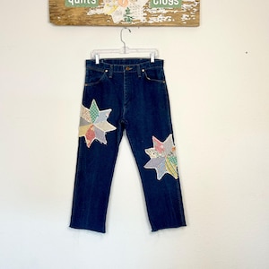 The Starla (size 4/6) Wrangler Crop Straight Jeans with Vintage Quilt Patches
