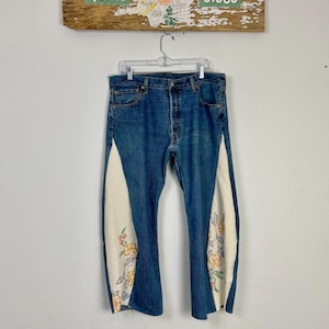 The Cloverdale (size 10/12) Levi’s Barrel Jeans with Vintage Fabric Panels, approx. woman’s size 10/12